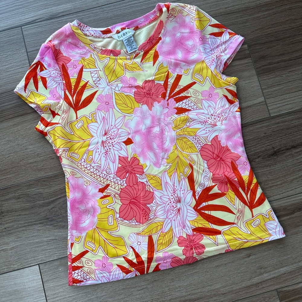 Y2K Vintage Micro Mesh Vibrant Floral Pink Yellow Women's Short Sleeve Top